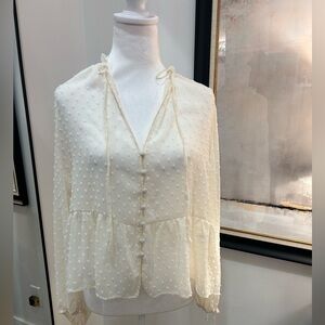 Zara Cream Textured Blouse with Tie Neck